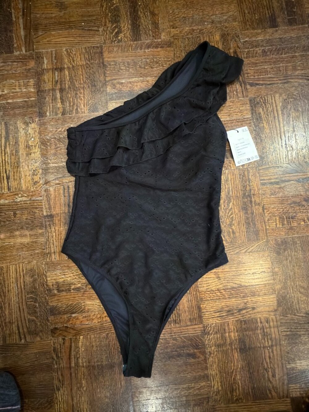 NWT Sofie Schnoor Sylvia One Shoulder Eyelet Swimsuit Black Size Small